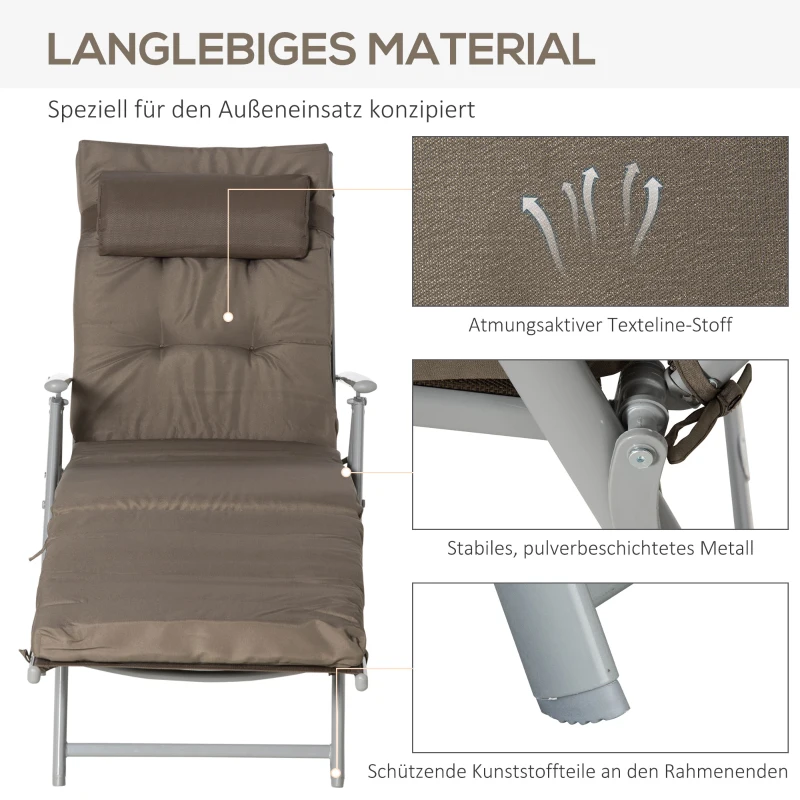 Outsunny Sonnenliege Strandliege Gartenliege klappbar verstellbar mit Kissen Garten Metall Stoff Braun+Silber 137 x 63,5 x 100,5 cm