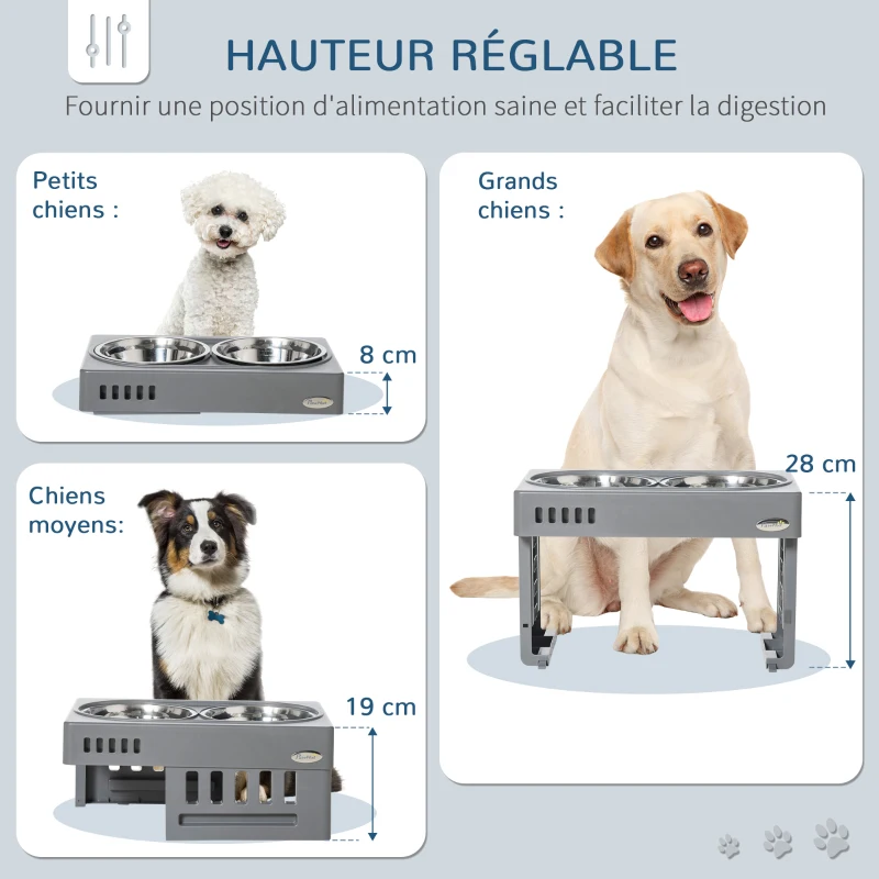 PawHut Gamelles Surélevées Porte-gamelles double, 2 bols amovibles pour chien, 3 Hauteurs Ajustables 8/19/28 cm, gris