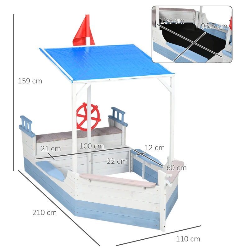 Outsunny Wooden Kids Sandpit, Children Sandbox w/ UV Protection Canopy, for Ages 3-8 Years - Blue