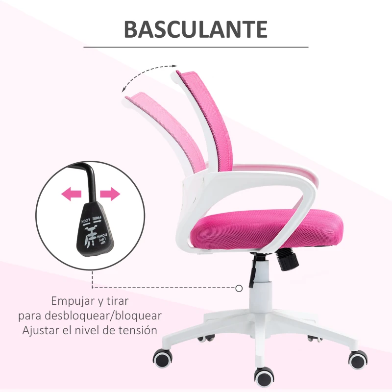 HOMCOM Silla de Escritorio de Malla Giratoria con Altura Ajustable Función de Basculante y Reposabrazos Carga 120 kg Rosa