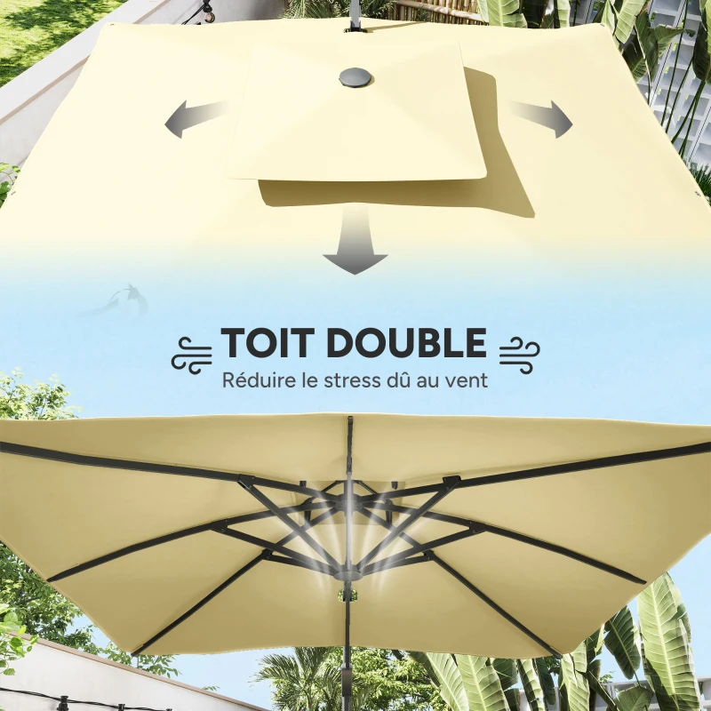Outsunny Parasol déporté 3 m carré rotatif à 360° avec mécanisme hydraulique toit à double base croisée mât en aluminium beige