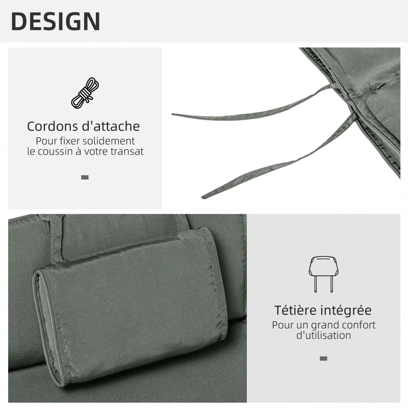 Outsunny Coussin bain de soleil coussin chaise longue matelas transat déhoussable avec zippé, tétière, cordons d'attache, MATELAS UNIQUEMENT, 198 x 53 x 5 cm, gris