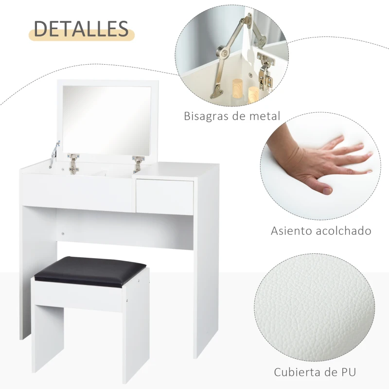 HOMCOM Tocador de Maquillaje con Taburete Mesa de Maquillaje con Espejo Tapa Abatible y Cajas 80x40x79 cm y 40x30x40 cm