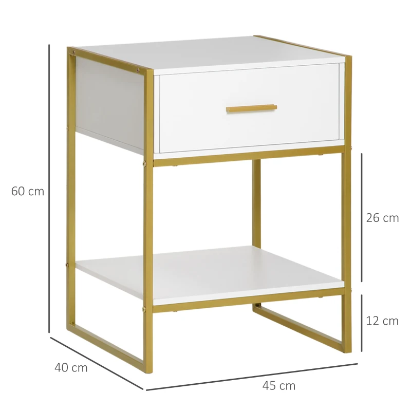 HOMCOM 2er-Set Nachttische, 1 Schublade, 1 Regal, 45 cm x 40 cm x 60 cm, Weiß + Gold