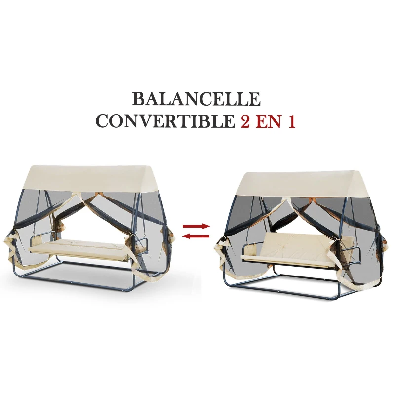 Outsunny Balancelle de Jardin Convertible 3 Places Grand Confort : Matelas Assise Dossier, moustiquaire intégrale zippée avec Toit, Pochette Rangement métal époxy Polyester Beige