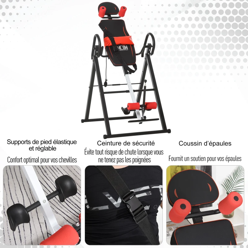 HOMCOM Table d'inversion de musculation pliable ceinture de sécurité réglable angle inversé ajustable 3 niveaux acier rouge noir