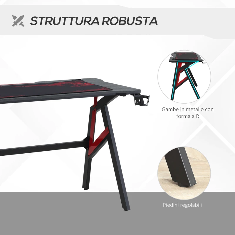 HOMCOM Scrivania Gaming Moderna con Tappetino Mouse Maxi e Accessori, 120x58x75cm - Rosso e Nero