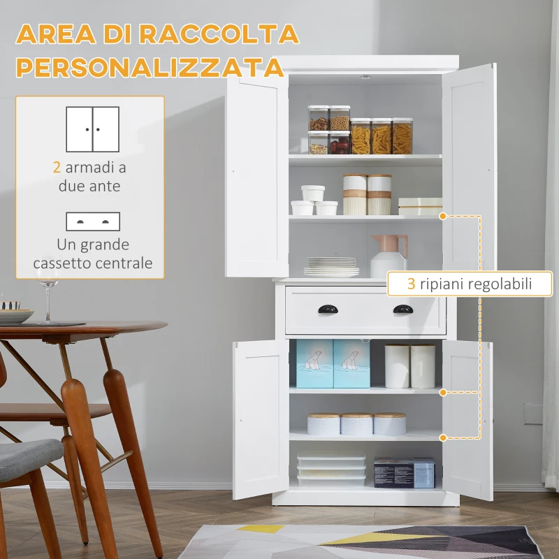 HOMCOM Mobile Cucina con Armadietto Superiore e Inferiore e Cassetto Centrale in Legno, 76x40.5x184 cm, Bianco