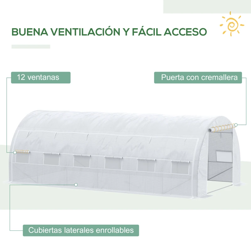 Outsunny Invernadero de Exterior 6x3x2 m Invernadero de Túnel con Puerta y 12 Ventanas de Malla Enrollables Invernadero de Huerto para Patio Jardín Blanco