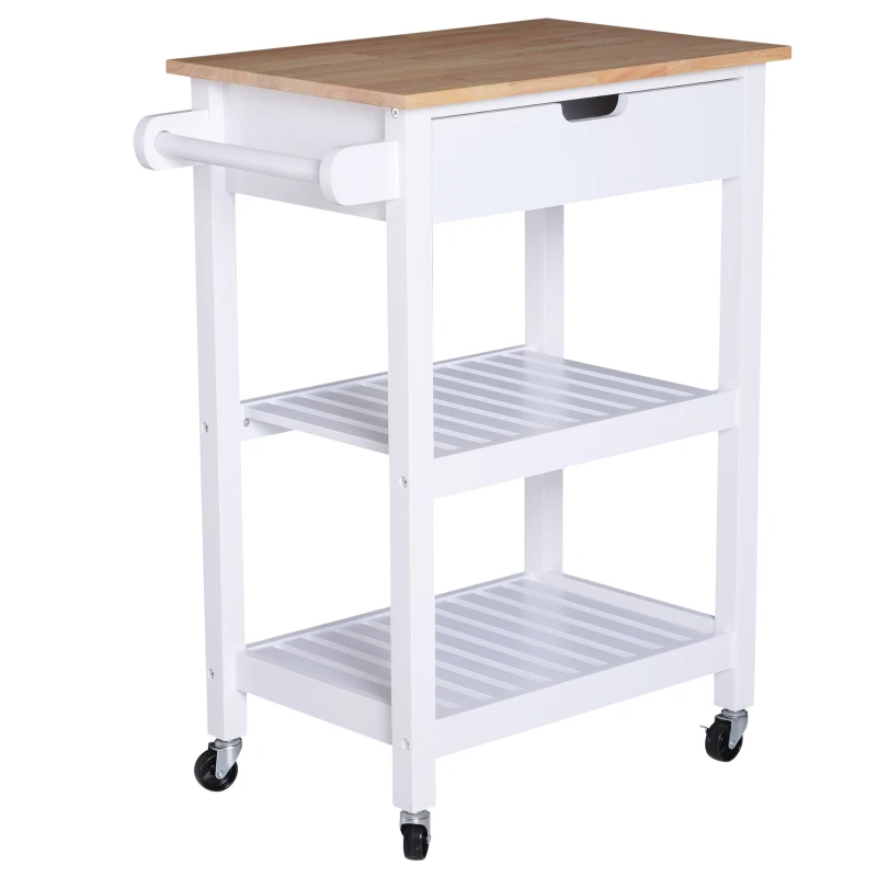 HOMCOM Carrello da Cucina Salvaspazio 2 Ripiani 1 Cassetto 1 Portasciugamani 4 Rotelle, Legno, Bianco, 64x39x84.5cm