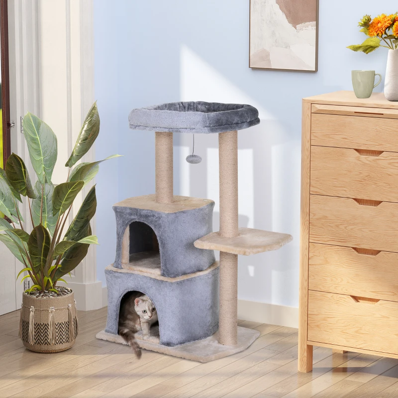PawHut Cat Tree for Indoor Cats Scratching Posts with 2 Houses, Bed, Ball Toy, Kitten Activity Centre, 60 x 40 x 92 cm, Grey