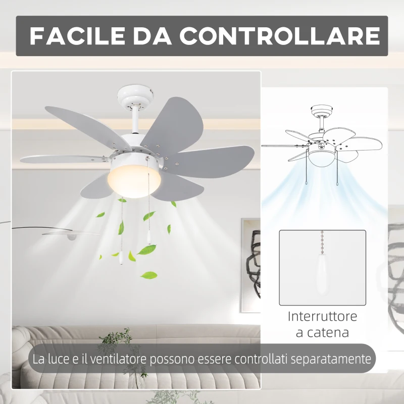 HOMCOM Ventilatore a Soffitto con Luce LED e Interruttore a Catena, in MDF e Acrilico, Ø76x41.5 cm, Grigio e Bianco