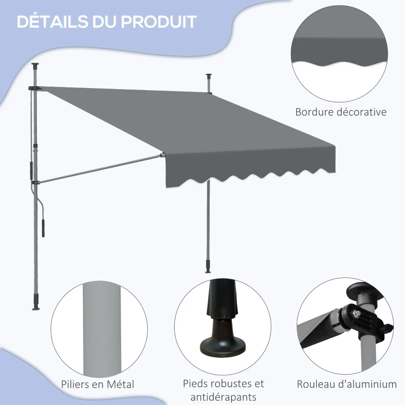 Outsunny Store banne manuel rétractable inclinaison réglable installation rapide  sans trous à percer 2 x 1,5 x 3,1 m
