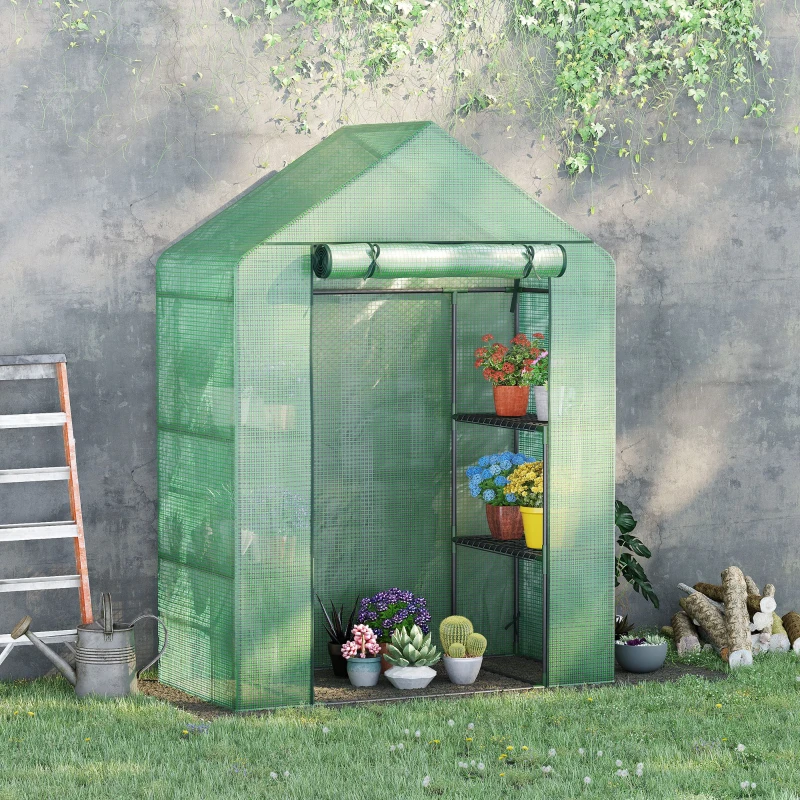 Outsunny Serra da Giardino in Acciaio e Plastica PE con 4 Ripiani, Funi e Picchetti, 141x72x191 cm, Verde