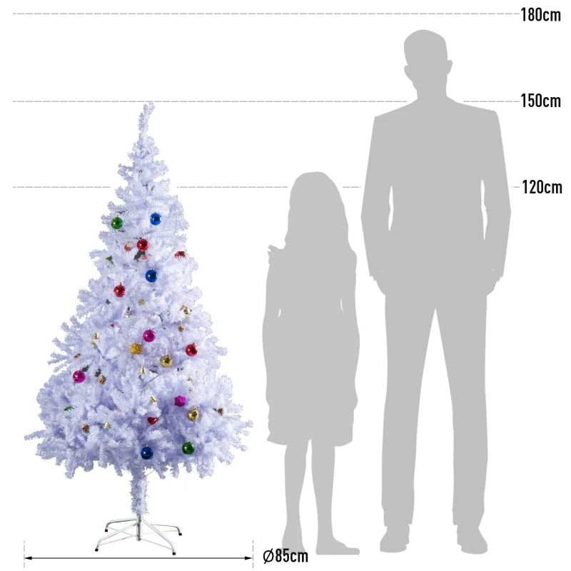 HOMCOM Árbol de Navidad Artificial 150 cm con 680 Ramas de PVC 48 Decoraciones Incluidas Ø85x150 Blanco
