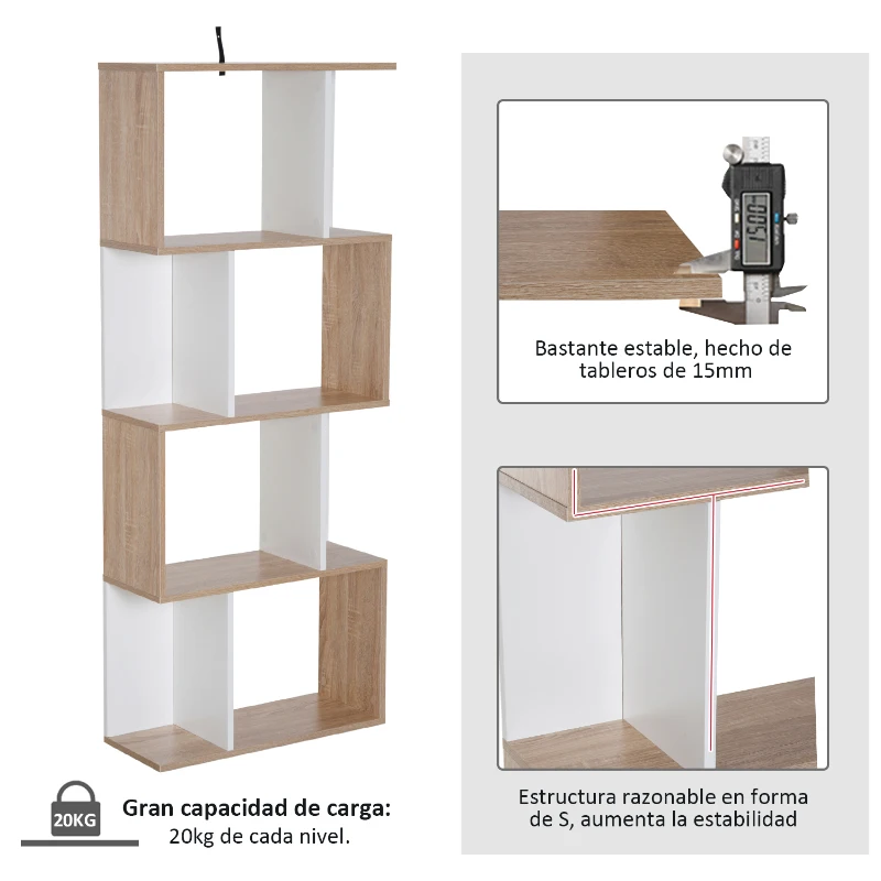 HOMCOM Estantería Librería 4 Estante Estantería Alta Pared Estante de Exposición Forma S Diseño Moderno para Salón Oficina 60x24x148cm Madera