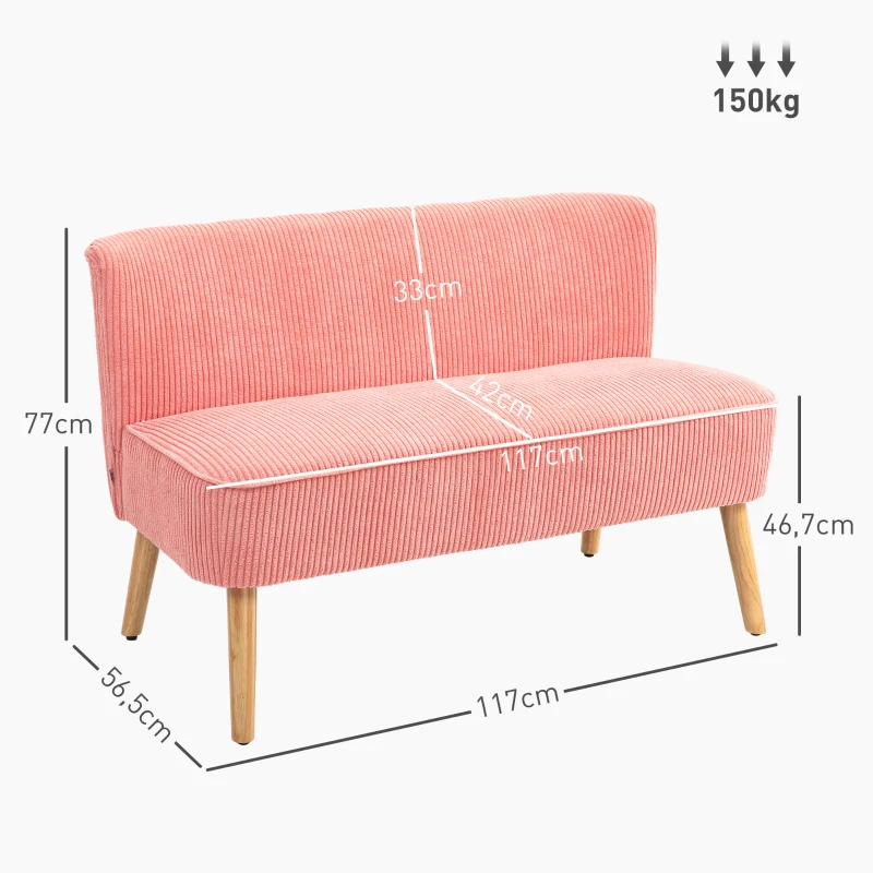 HOMCOM Zweisitzer-Sofa, elegantes Skandi Design, massiver Holzrahmen, bis 150 kg, 117 x 56,5 x 77 cm, Rosa(m-3)