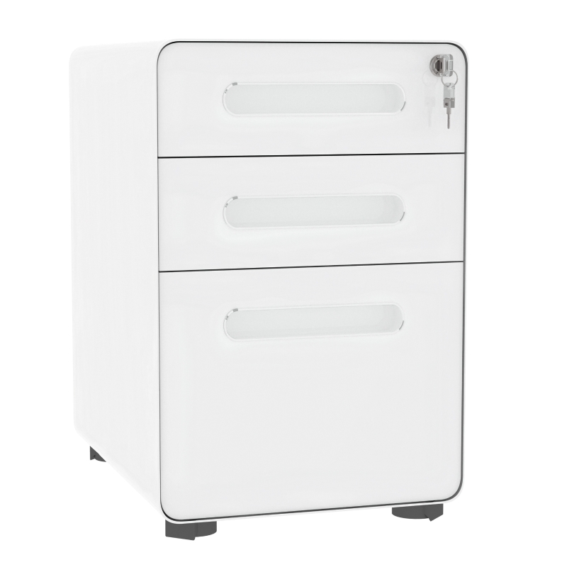 Vinsetto Rollcontainer mit 3 Schubladen mobiler Aktenschrank mit Rollen abschließbar Büroschrank mit Hängeregistratur Stiftfach, Bürocontainer Schreibtisch Unterschrank für Büro 39x48x59cm Weiß