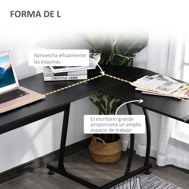 HOMCOM Mesa de Computadora en Forma de L Escritorio para Estudio Oficina Minimalista Moderno con Gran Espacio 112,5x152x74 cm Negro