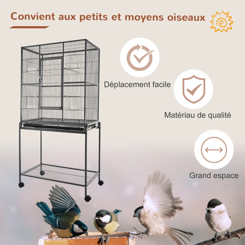 PawHut Cage à Oiseaux Portable avec 4 Mangeoires et 4 Perchoirs Pratique 77 x 47 x 163 cm Noir et Gris