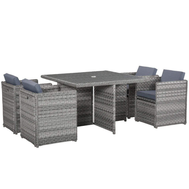 Outsunny 8 Seater Rattan Cube Garden Furniture Set with Parasol Hole, Rattan Dining Set with Cushions, Outdoor Dining Table and Chairs with Square Glass Top Table for Patio, Balcony, Mixed Grey