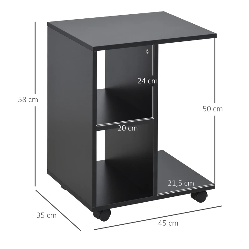 HOMCOM Mesa Auxiliar en Forma de C con Ruedas Estantes Abiertos para Salón Dormitorio 45x35x58 cm Negro