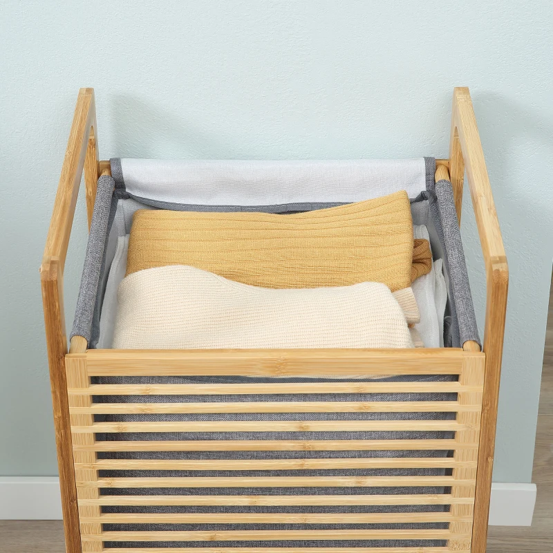 HOMCOM Wäschekorb Wäschebox Wäschesammler mit waschbarem Wäschesack Deckel Wäschesack Tuchsack Bambus leinenartiges Polyester Natur+Grau 40 x 35 x 60,5 cm