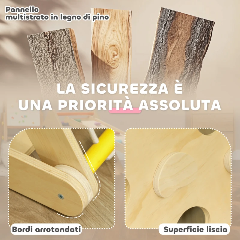 AIYAPLAY Gioco Arrampicata Bambini con Triangolo Montessori 5 in 1 con Corda, Scivolo e Sacchi, in Legno, 119x63x61 cm