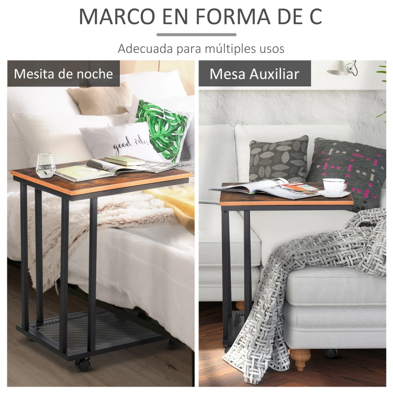 HOMCOM Mesa Lateral Mesa Auxiliar con Ruedas para Sofá Salón Dormitorio Estilo Industrial Retro Mesa Café Ordenador Metal y Madera 51x36x65 cm Natural y Negro(m-5)