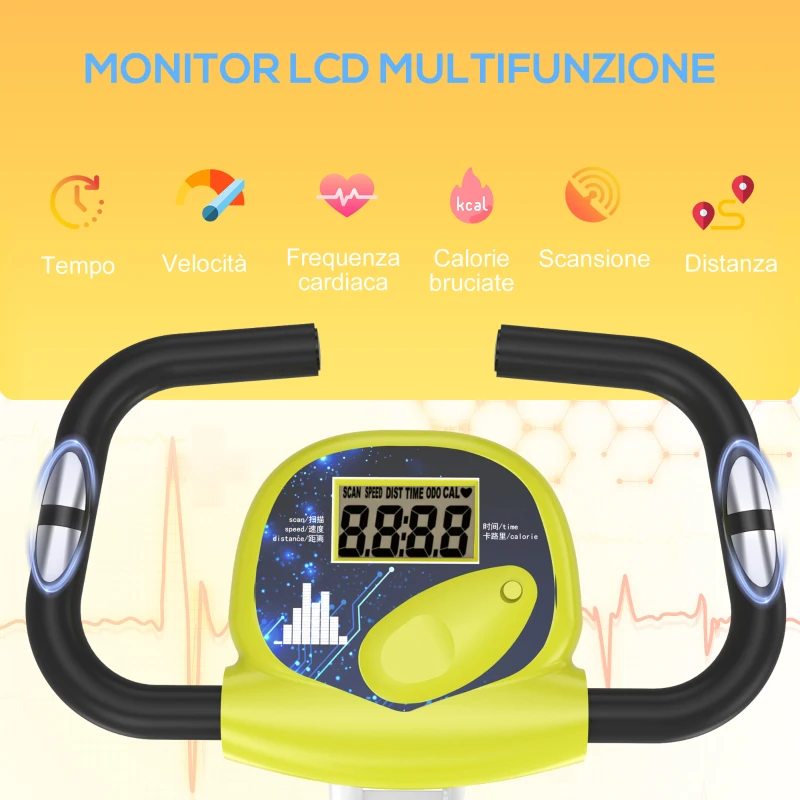 HOMCOM Cyclette Pieghevole da Fitness in Acciaio, Cyclette Magnetica Pieghevole da Casa con Altezza Regolabile, Resistenza Magnetica a 8 Livelli, Schermo LCD, 43x97x109cm, Giallo