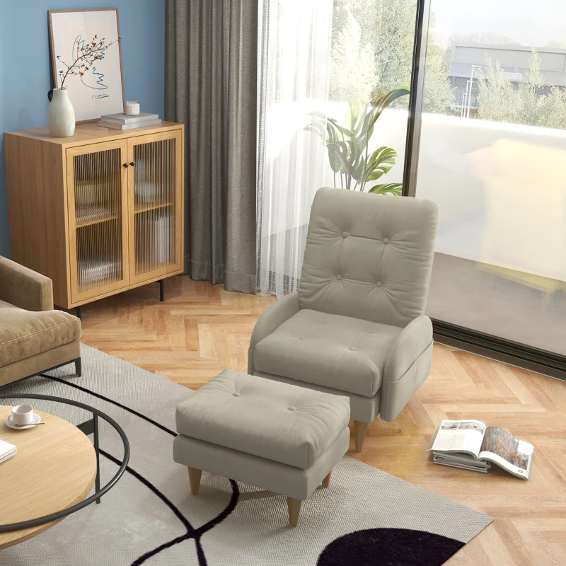 HOMCOM Upholstered Recliner Armchair with Footstool Set, Modern Button Tufted Accent Chair with Adjustable Backrest, Cushions, Wood Legs and Side Pockets for Living Room, Bedroom, Home Study, Beige