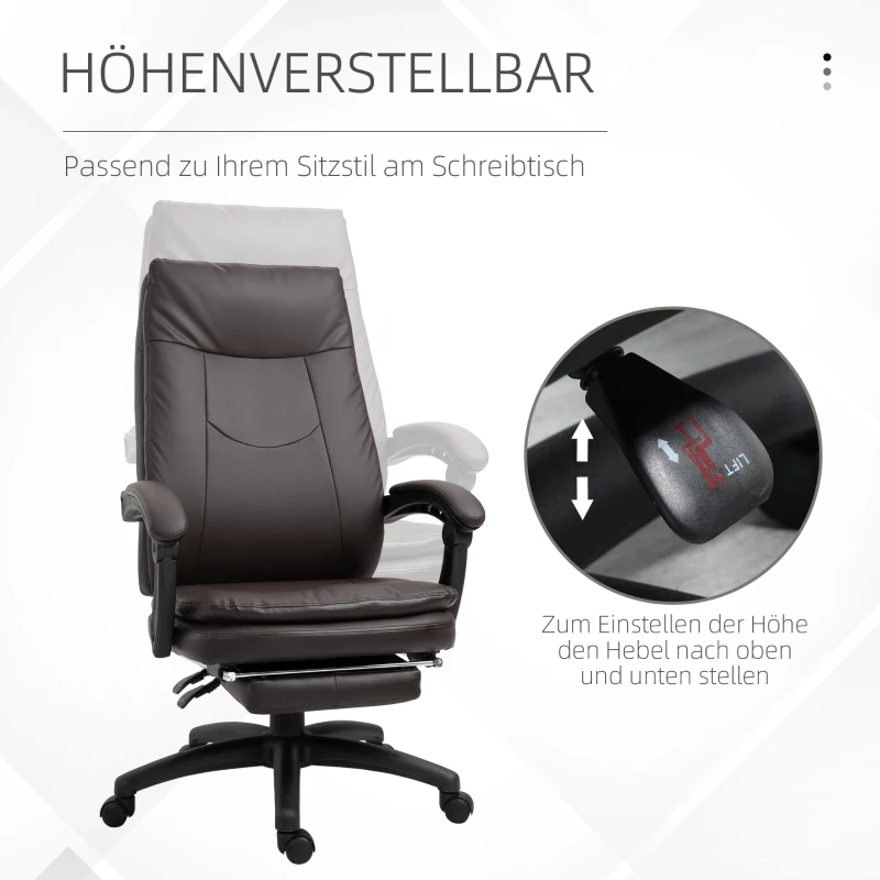 Vinsetto Ergonomischer Bürostuhl mit Fußstütze, Chefsessel, höhenverstellbarer Schreibtischstuhl Computerstuhl mit Gepolsterte Rückenlehne, Braun, 64 x 64 x 112-120 cm
