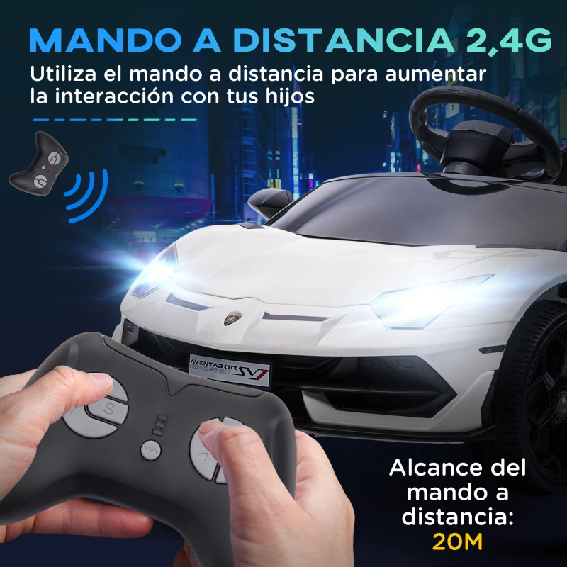 HOMCOM Coche Eléctrico Lamborghini para Niños Velocidad Max.5 km/h Puerta de Tijera con Control Remoto MP3 Blanco