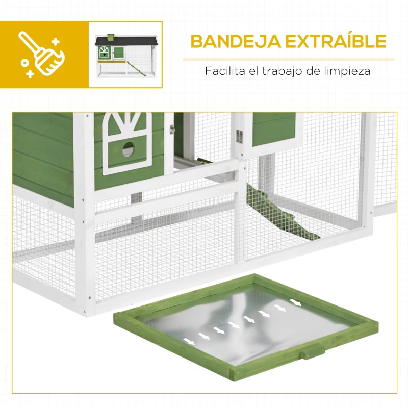 PawHut Jaula para Conejos Grande 120x60x79 cm con Techo Asfáltico Bandeja Extraíble Escalera y Chimenea para Exterior Verde
