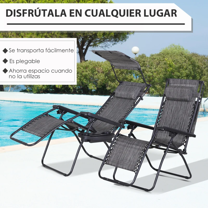 Outsunny Tumbona Plegable Silla de Gravedad Cero Reclinable con Toldo de Sombra con Bandeja Portavasos Portátil Texteline para Jardín Balcón Carga 150kg 90x65x110 cm Gris
