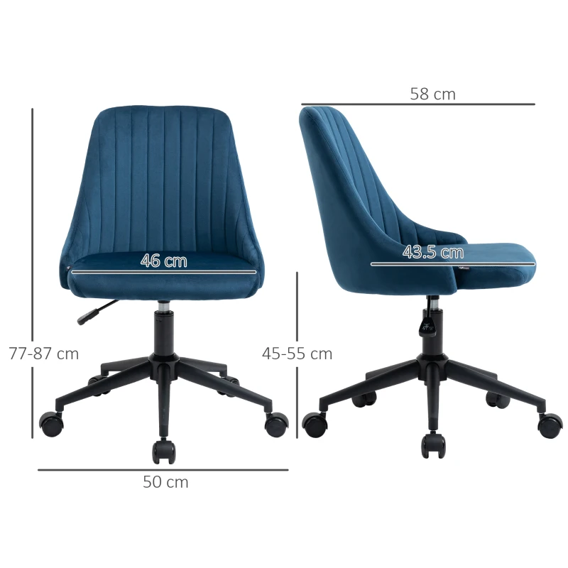 Vinsetto Sedia da Ufficio in Velluto Blu con Altezza Regolabile, Sedia Ergonomica Girevole a 360° e Ruote, 50x58x77-87cm