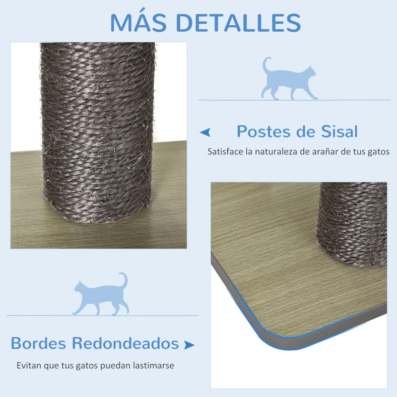 PawHut Árbol Rascador para Gatos de Madera 71,5x49,5x120 cm Torre de Gato con Cueva Plataformas Postes Rascadores Cojines Gris