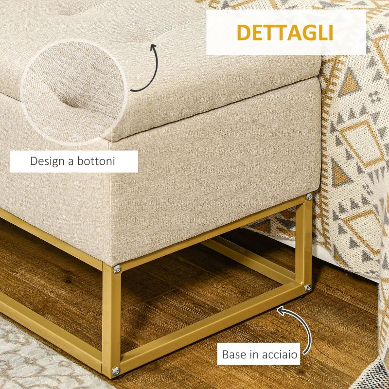 HOMCOM Panca con Contenitore in Poliestere Trapuntata con Gambe in Acciaio d'oro, 110x44x48cm, Beige