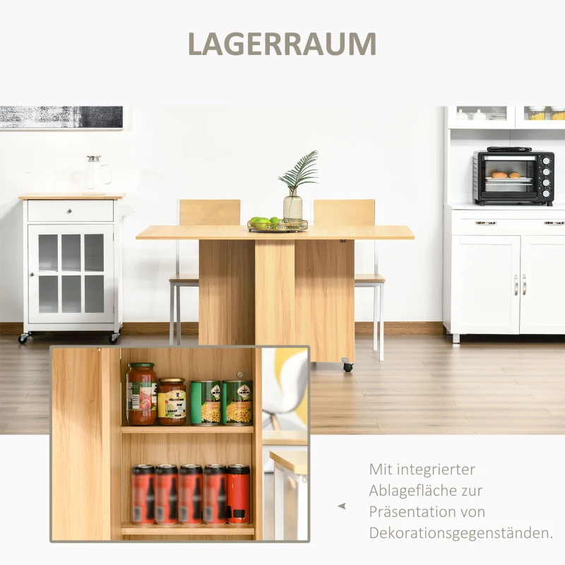 HOMCOM Klapptisch Esszimmertisch Beistelltisch mobiler Tisch klappbarer Küchentisch Schreibtisch Beistelltisch Ablagefläche mit Rollen Natur 140 x 80 x 74 cm
