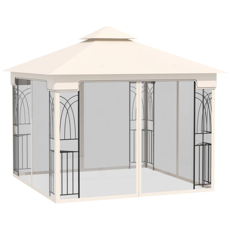 Outsunny Gartenpavillon mit Doppeldach Pavillon Gartenzelt Festzelt Partyzelt mit 4 x Seitenwand Metall+Polyester Cremeweiß 2,99 x 2,99 x 2,74 m