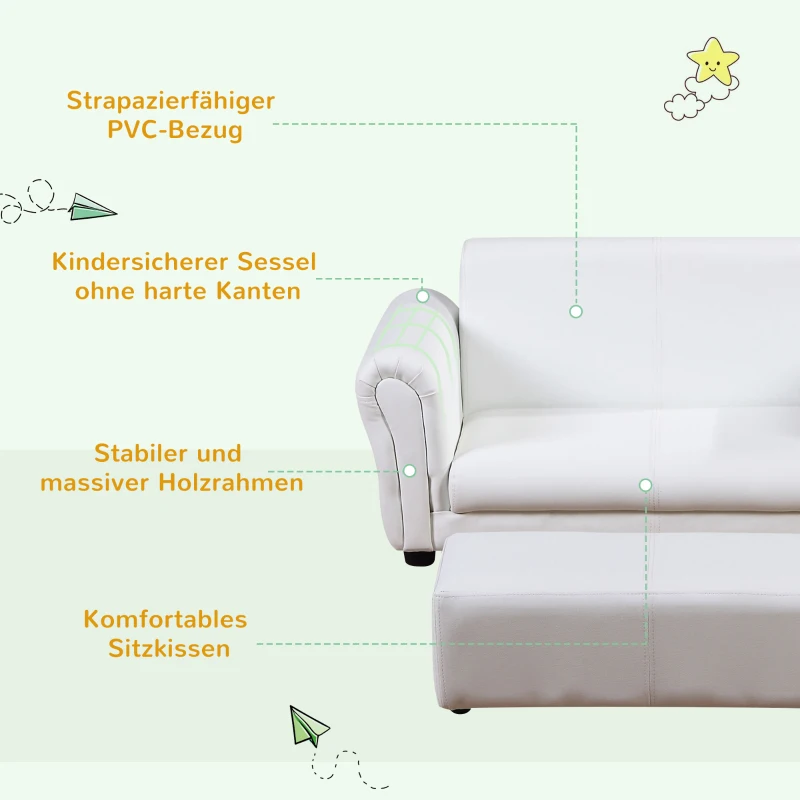 HOMCOM Kindersessel mit Fußhocker, Kindercouch mit Hocker, Kindersofa, Sofa Sessel, Weiß