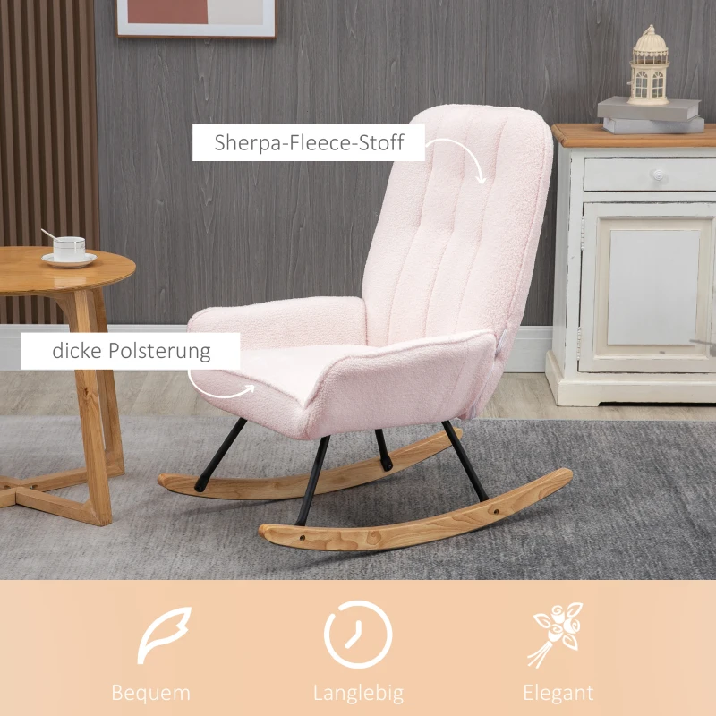 HOMCOM Schaukelstuhl mit Fleece-Bezug, Steppmuster, Kufen aus Kautschukbaumholz, bis 150 kg, Rosa