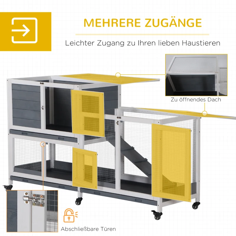 PawHut Kleintierstall Kleintierkäfig Zwergkaninchenstall mit 6 Rädern aufklappbarem Dach abschließbarer Tür Tannenholz Grau+Weiß 147 x 45,5 x 88,5 cm