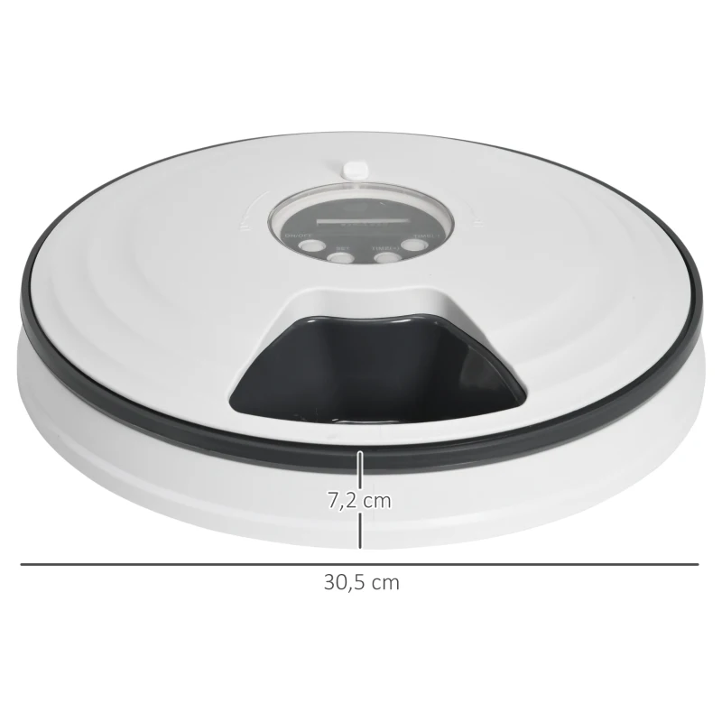 PawHut Dispensador de Comida para Mascotas Comedero Automático con Temporizador Pantalla LED 6 Cuencos Ø30,5x7,2 cm Blanco