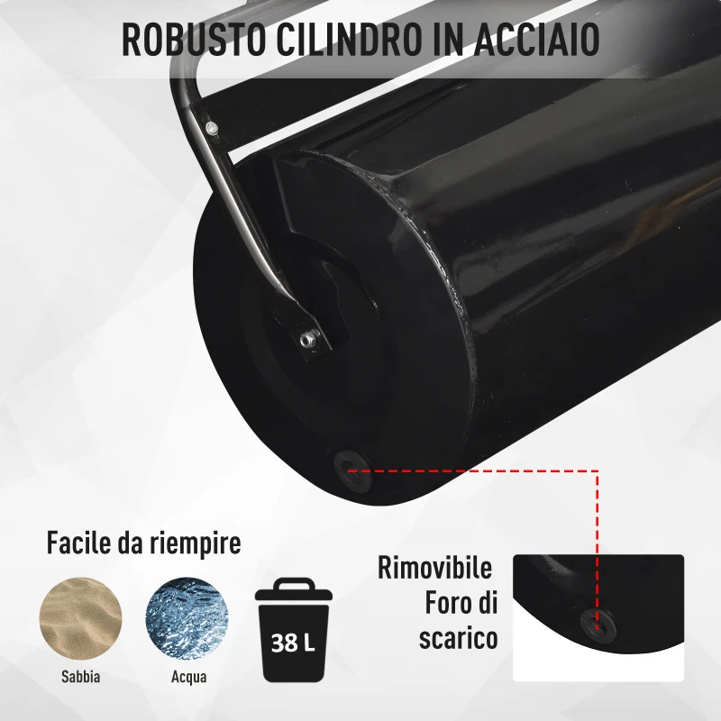 Outsunny Rullo da Giardino Φ32x50cm in Metallo Impermeabile Nero, Serbatoio Fino 38 Litri (Acqua o Sabbia)