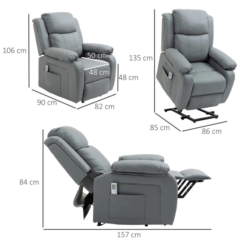 HOMCOM Riser and Recliner Chair with Massage, Heat, Power Lift Recliner Chair for Elderly with Remote Control, Extended Footrest, Dual Side Pockets, Overstuffed Electric Reclining Armchair, Grey