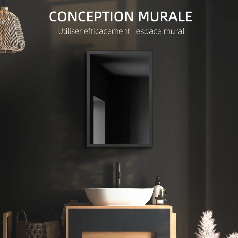 kleankin Armoire miroir de salle de bain armoire murale armoire à glace avec 1 porte et 2 étagères en acier 40 x 12 x 60 cm noir