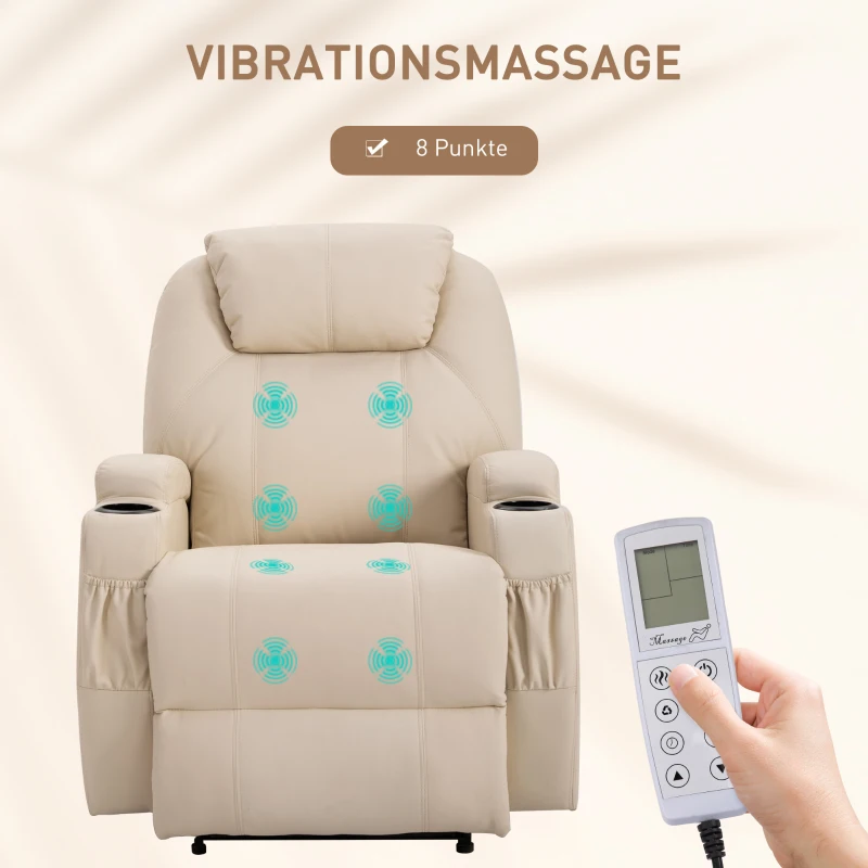HOMCOM Fernsehsessel Elektrisch Relaxsessel mit Liegefunktion Aufstehhilfe Massage Massagesessel mit verstellbar Rückenlehne Seitentasche Getränkehalter TV Sessel bis 160kg für Wohnzimmer Cremeweiß