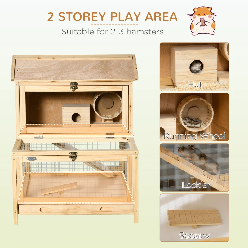 PawHut Wooden Hamster Cage with Pull-Out Tray, Two Tier Small Animal Hutch with Openable Top, Ladder, Seesaw, Running Wheel,  - Natural