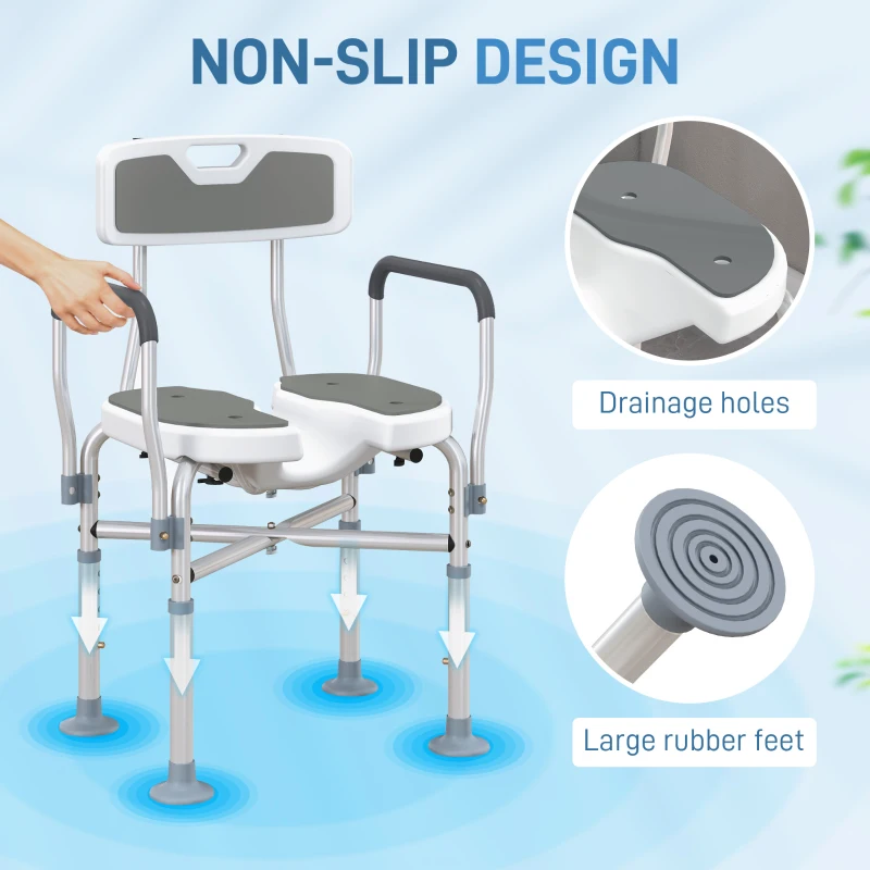 HOMCOM Shower Chair with Hygiene Cut-Out Seat and Reinforced Crossbars, Height Adjustable Padded Bath Chair with Non-slip Feet for Elderly Seniors Disabled Handicap, Tool-Free Assembly, Grey